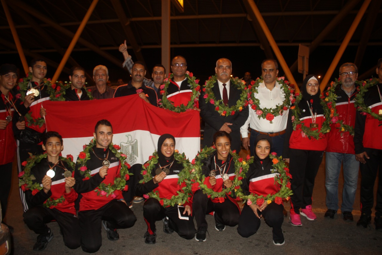 The Egyptian Judo Team in Hero’s clothes upon their return from the World Championships in Bulgaria and a reception with flowers
